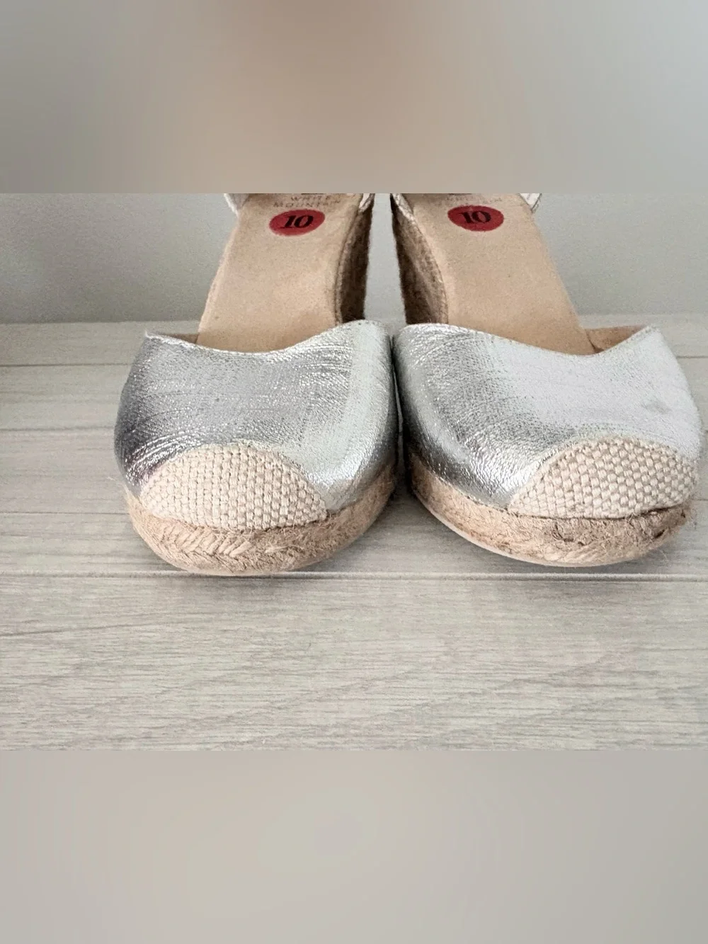 White Mountain Silver Metallic Espadrille Wedges with Tan Ankle Straps size 10